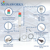 Two-color pole-mounted industrial signal light with ethernet and power cable exiting from the bottom; Red-Green on a white background. Bubbles surround the light itself to highlight the lens, alarm/buzzer, aluminum pole, ethernet cable, right angle steel bracket and 2-prong power cord.