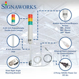 Three-color pole-mounted industrial signal light with ethernet and power cable exiting from the bottom; Red-Amber-Green on a white background. Bubbles surround the light itself to highlight the lens, alarm/buzzer, aluminum pole, ethernet cable, right angle steel bracket and 2-prong power cord.