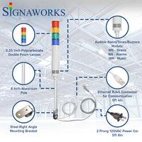 Four-color pole-mounted industrial signal light with ethernet and power cable exiting from the bottom; Red-Amber-Green-Blue on a white background. Bubbles surround the light itself to highlight the lens, alarm/buzzer, aluminum pole, ethernet cable, right angle steel bracket and 2-prong power cord.