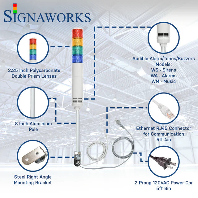 Four-color pole-mounted industrial signal light with ethernet and power cable exiting from the bottom; Red-Amber-Green-Blue on a white background. Bubbles surround the light itself to highlight the lens, alarm/buzzer, aluminum pole, ethernet cable, right angle steel bracket and 2-prong power cord.