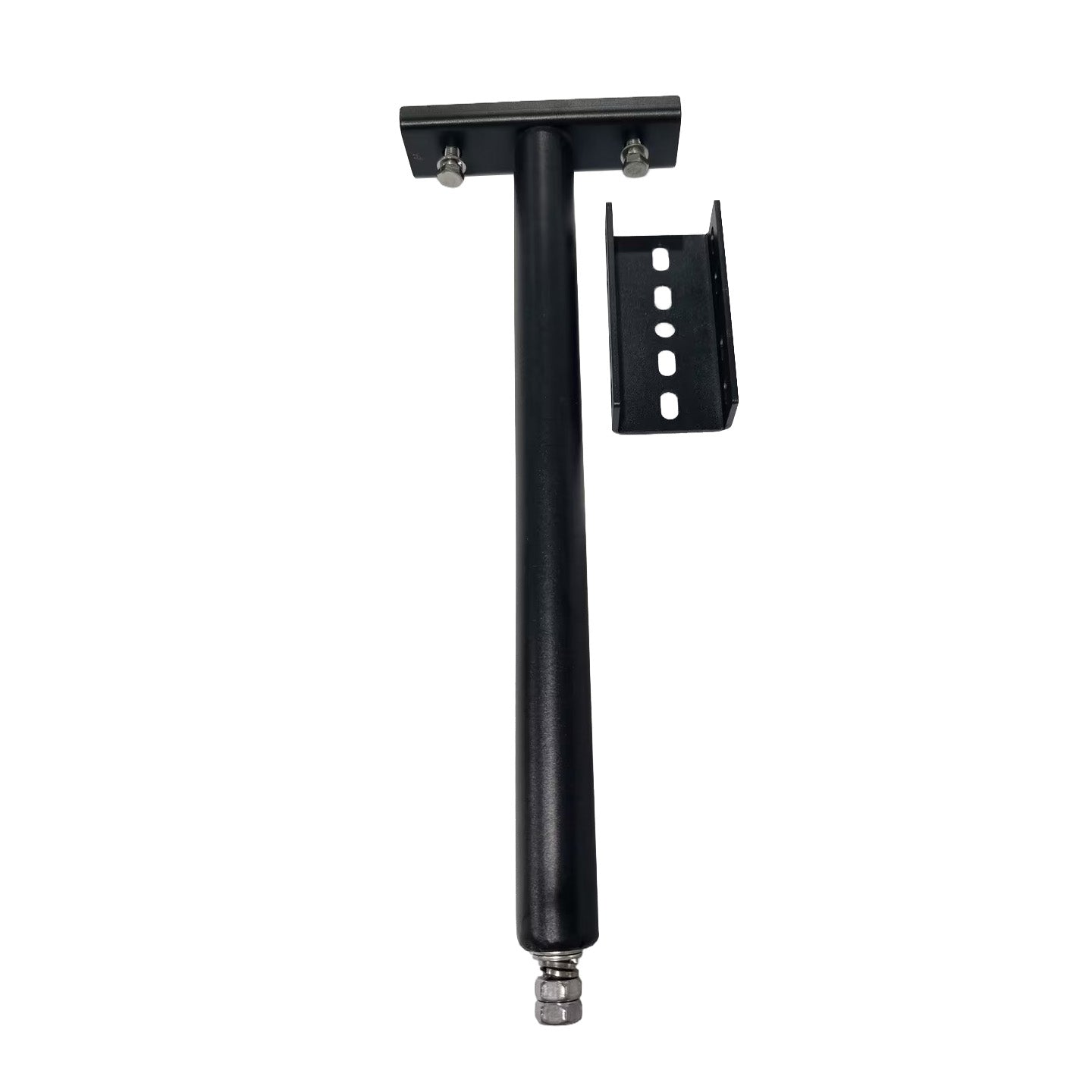 Black metal rod with bracket on a white background.
