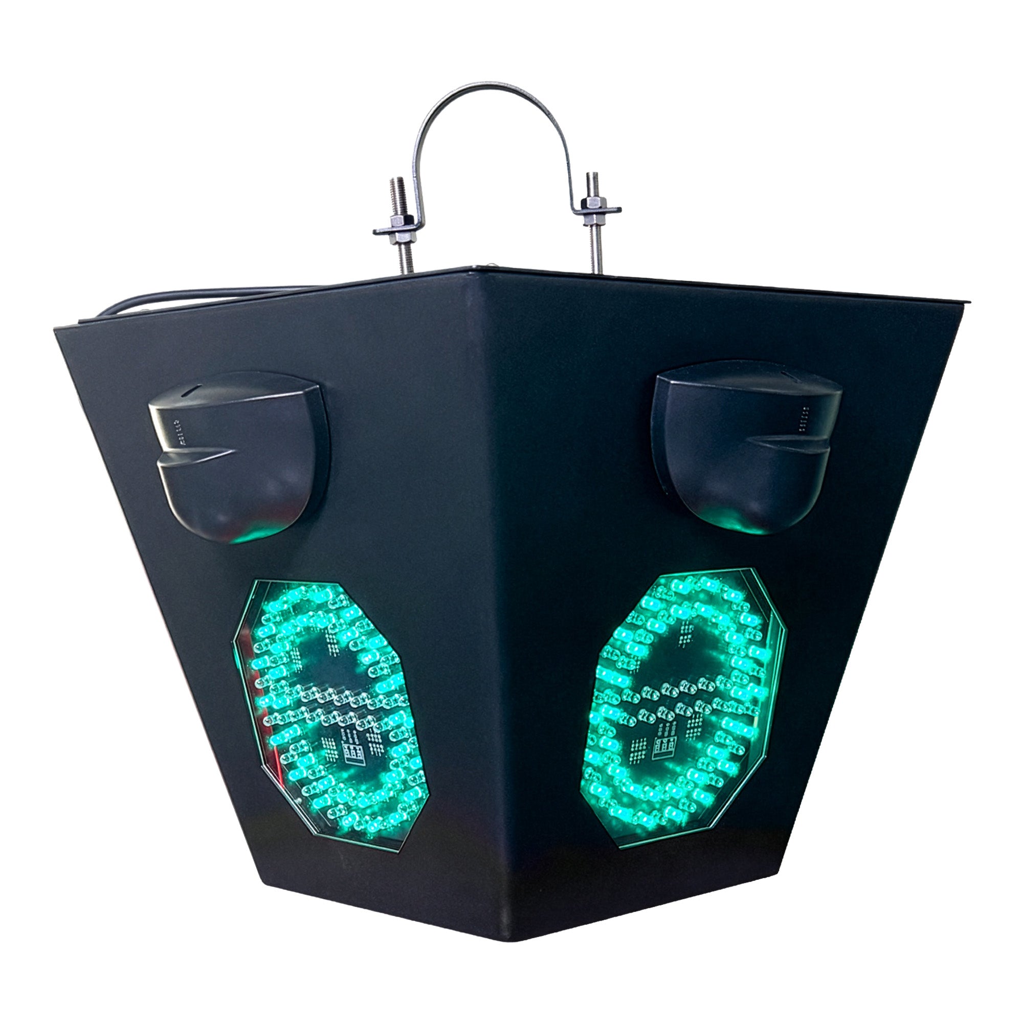Black electronic device with green LED lights on a white background.
