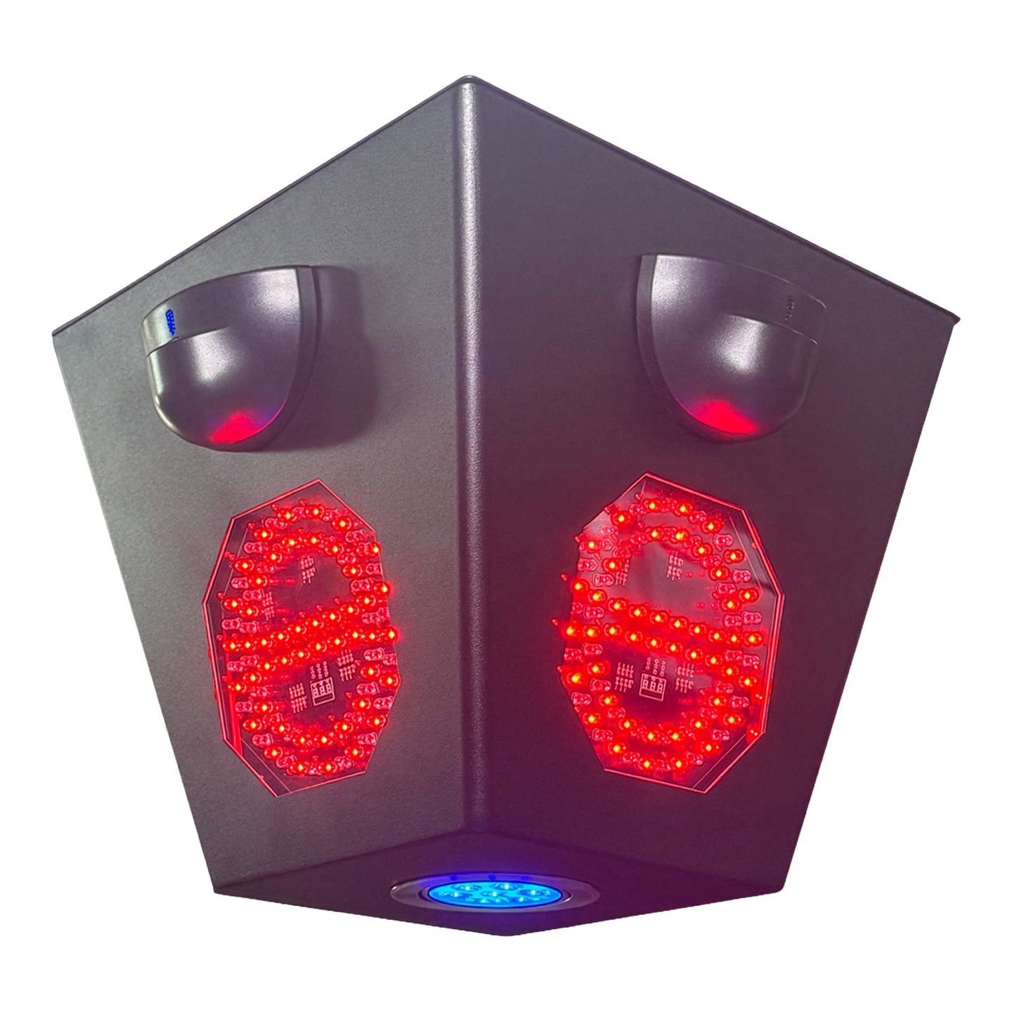 Two red LED lights on a metallic surface with a white background.