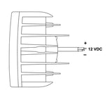 Black on white wiring diagram showing voltage and positive and negative wires.