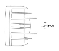 Black on white wiring diagram showing voltage and positive and negative wires.