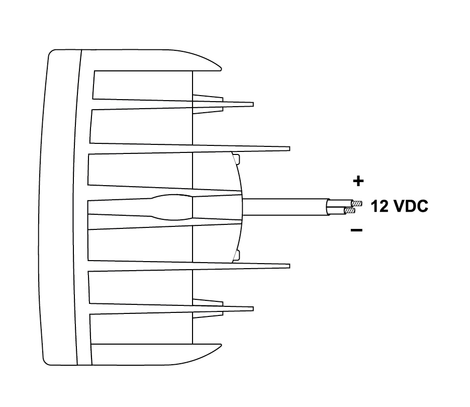 Black on white wiring diagram showing voltage and positive and negative wires.