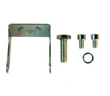 Metal bracket, bolts and crush washer on a white background.