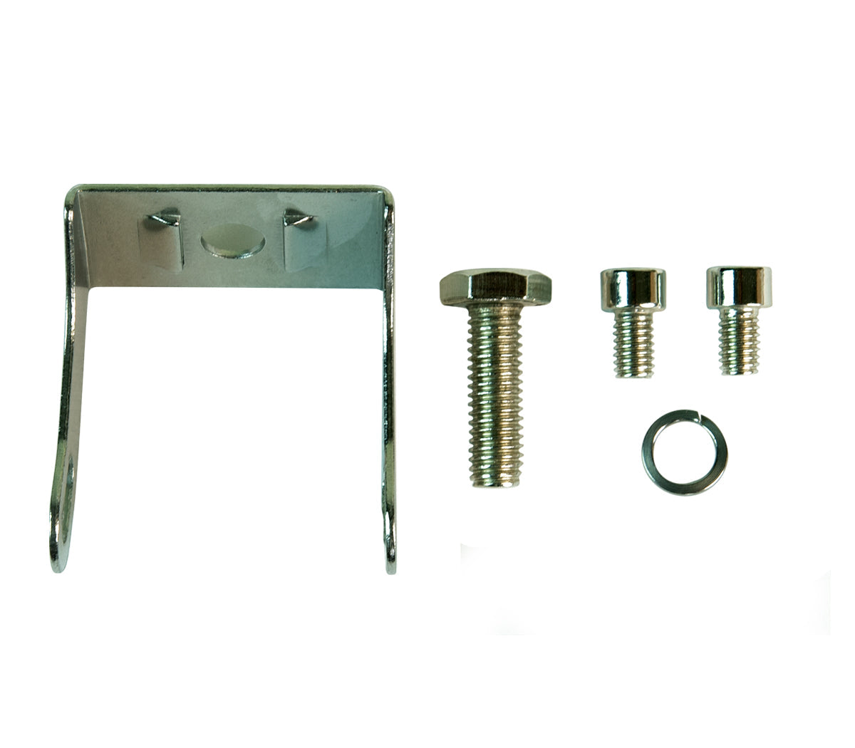 Metal bracket, bolts and crush washer on a white background.