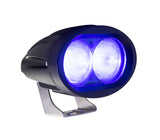 A black-housed blue dot safety indicator for forklift trucks, with visible blue light, mounted on a single bolt adjustable bracket.