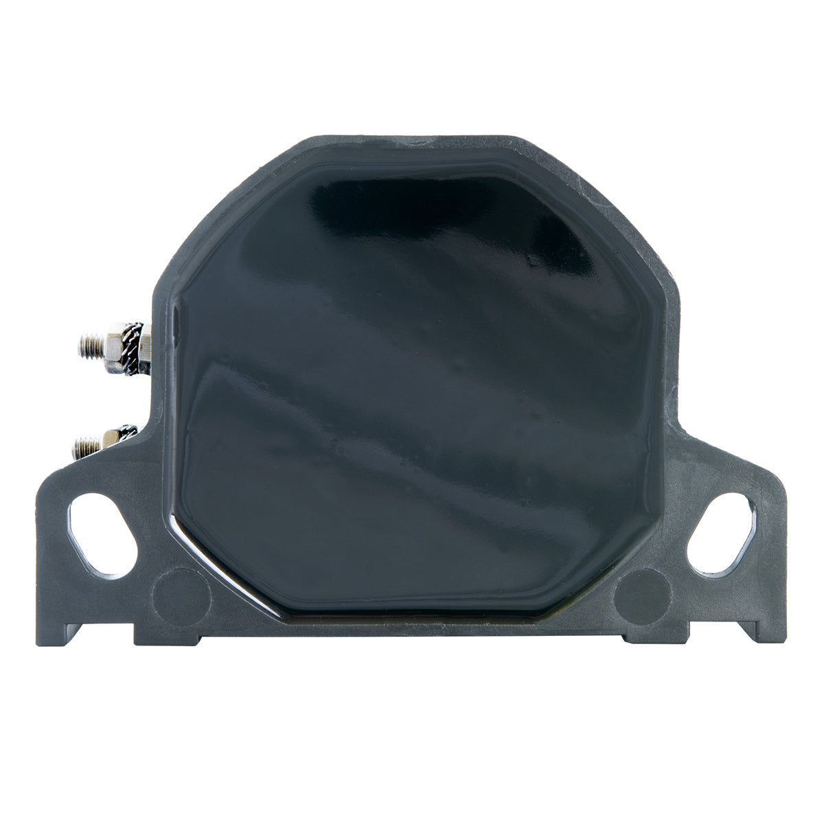 A black forklift backup alarm with glossy rear, designed to alert workers and prevent collisions when the forklift is in reverse.