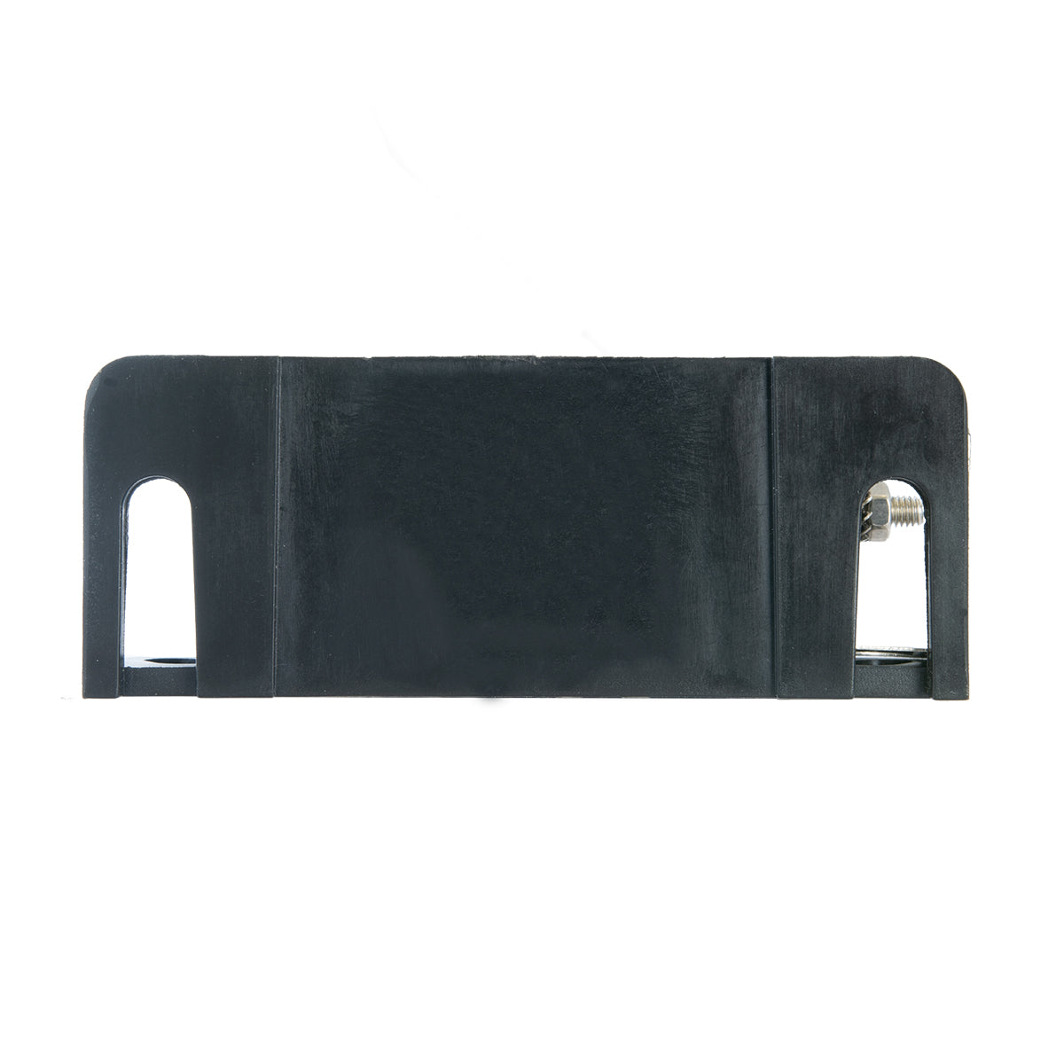 Bottom mounting points of plastic back up alarm on a white background.