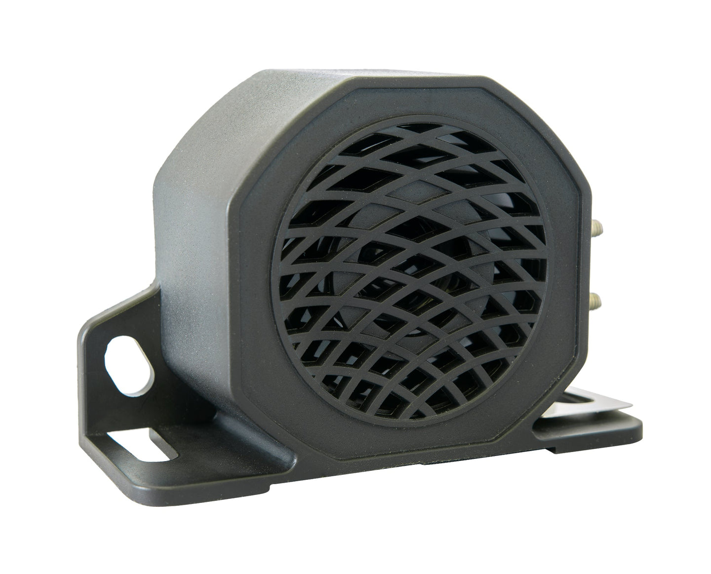 A black forklift backup alarm with a grid-like pattern on the front, designed to alert workers and prevent collisions when the forklift is in reverse.