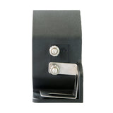 Side of black plastic light housing with adjustable mounting bracket points on a white background.