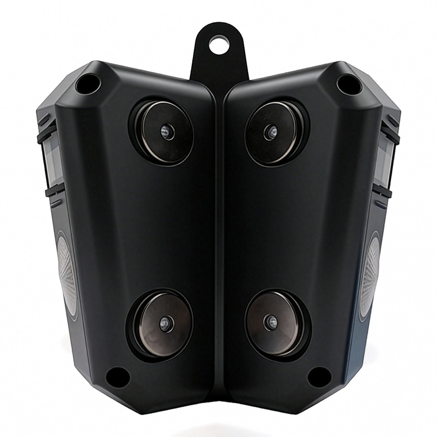 Black outdoor security camera on a white background.