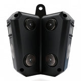 Black outdoor security camera on a white background.