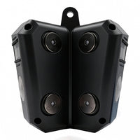 Black outdoor security camera on a white background.