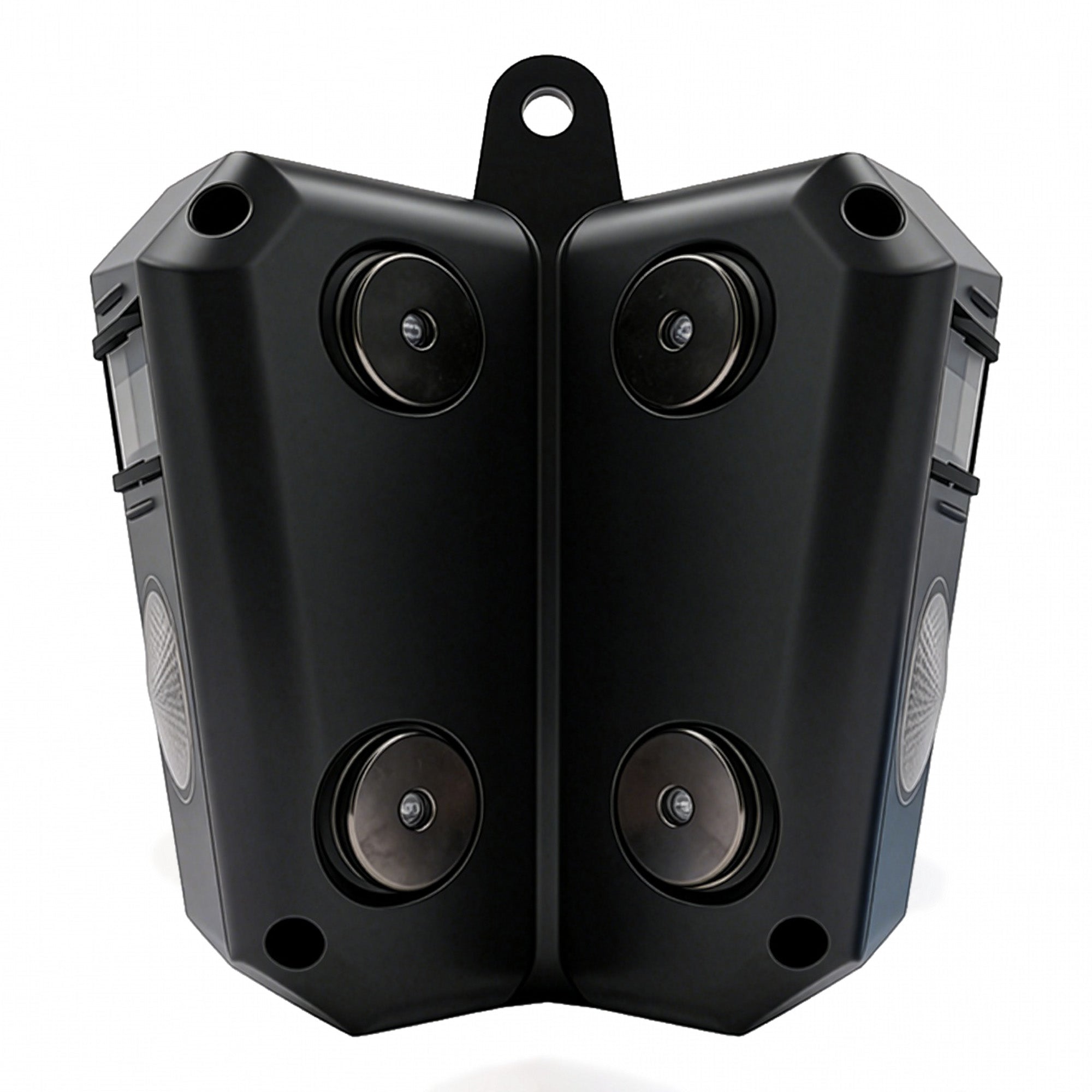 Black outdoor security camera on a white background.