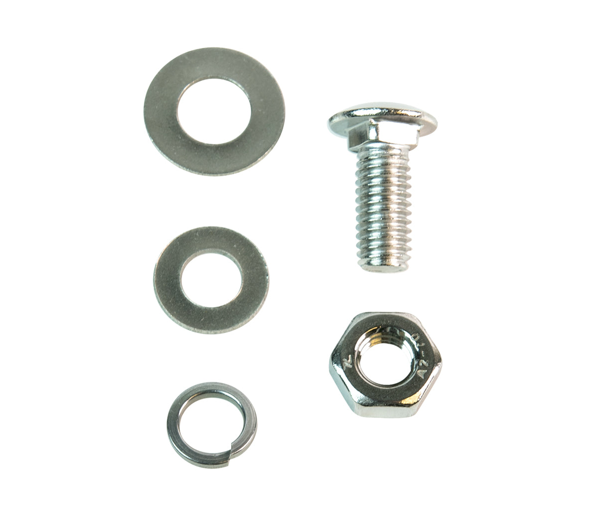 Metal washers, nut and bolt on a white background.