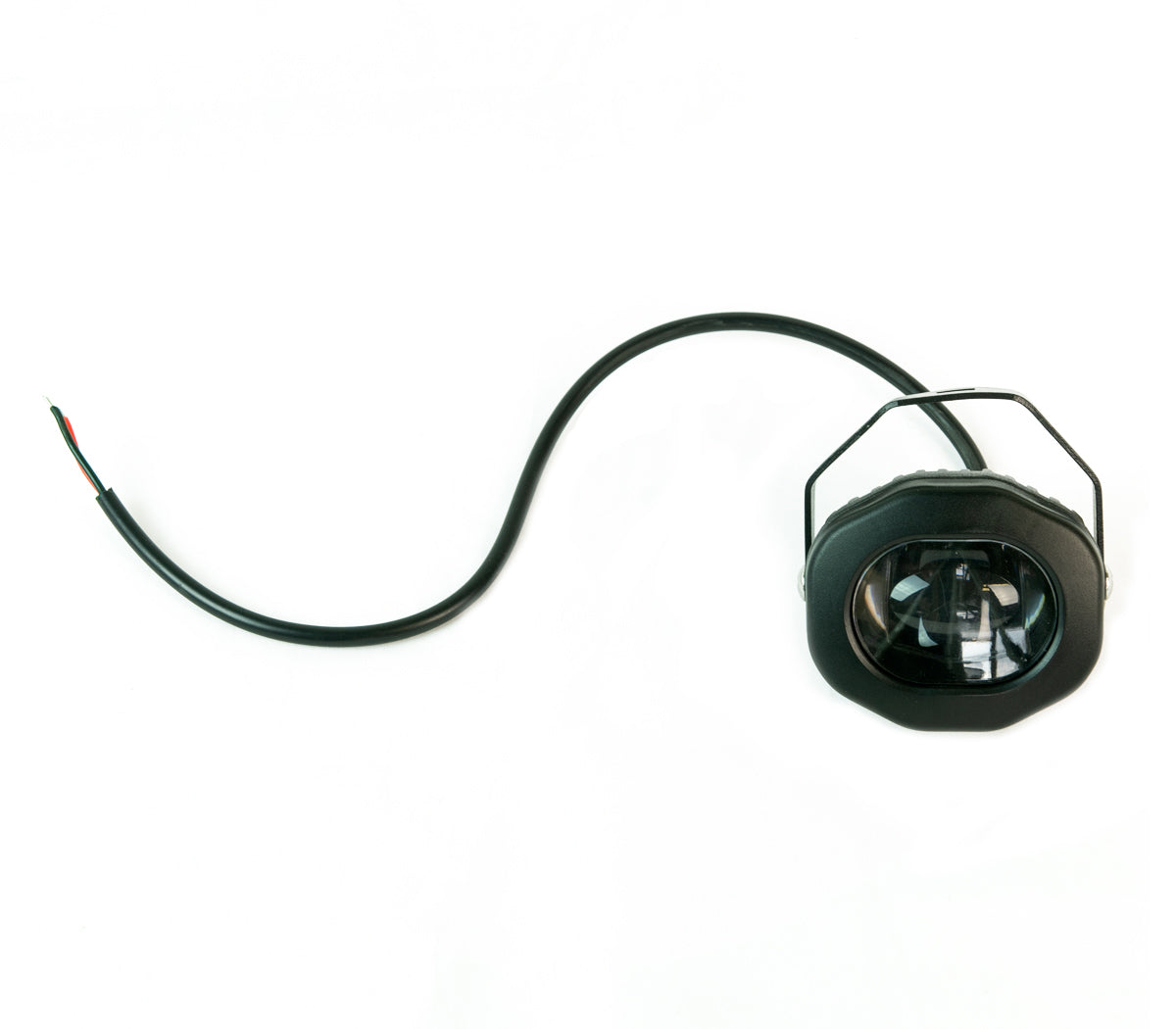Black ready-to-wire LED light with metal single-bolt mounting bracket.