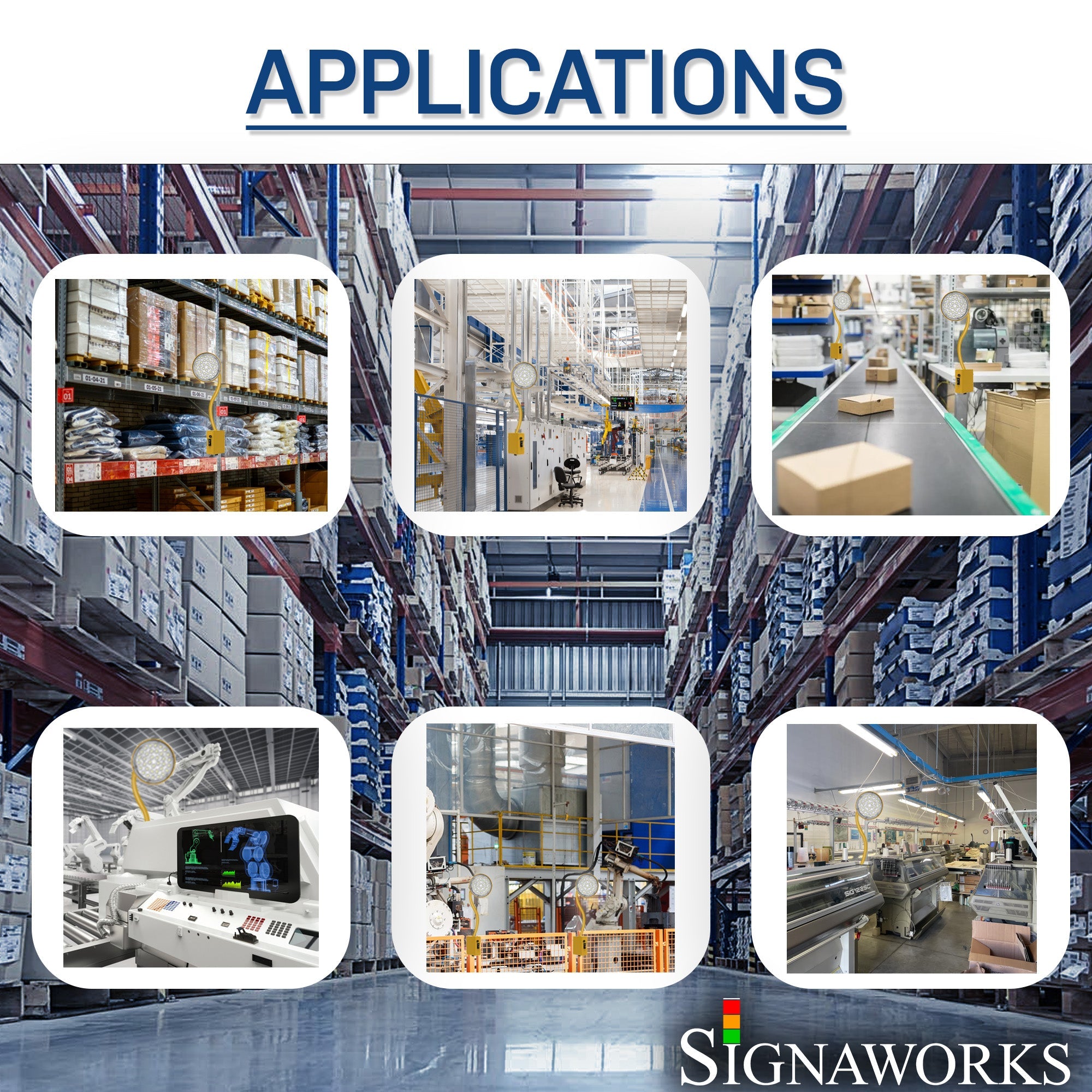 A graphic depicting various settings and applications for the gooseneck light and a 'Signaworks' branded logo.