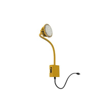 A 27-inch LED gooseneck dock light with a yellow durable aluminum housing and flexible neck, featuring an integrated LED lamp head and built-in rocker switch on the mounting box.