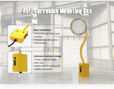A graphic depicting the mounting box and its easy installation and corrosion resistant design in an industrial garage environment.