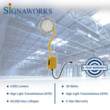 A graphic depicting a yellow gooseneck dock light featuring specs about lifespan, light output and a 5 year warranty