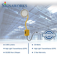 A graphic depicting a yellow gooseneck dock light featuring specs about lifespan, light output and a 5 year warranty