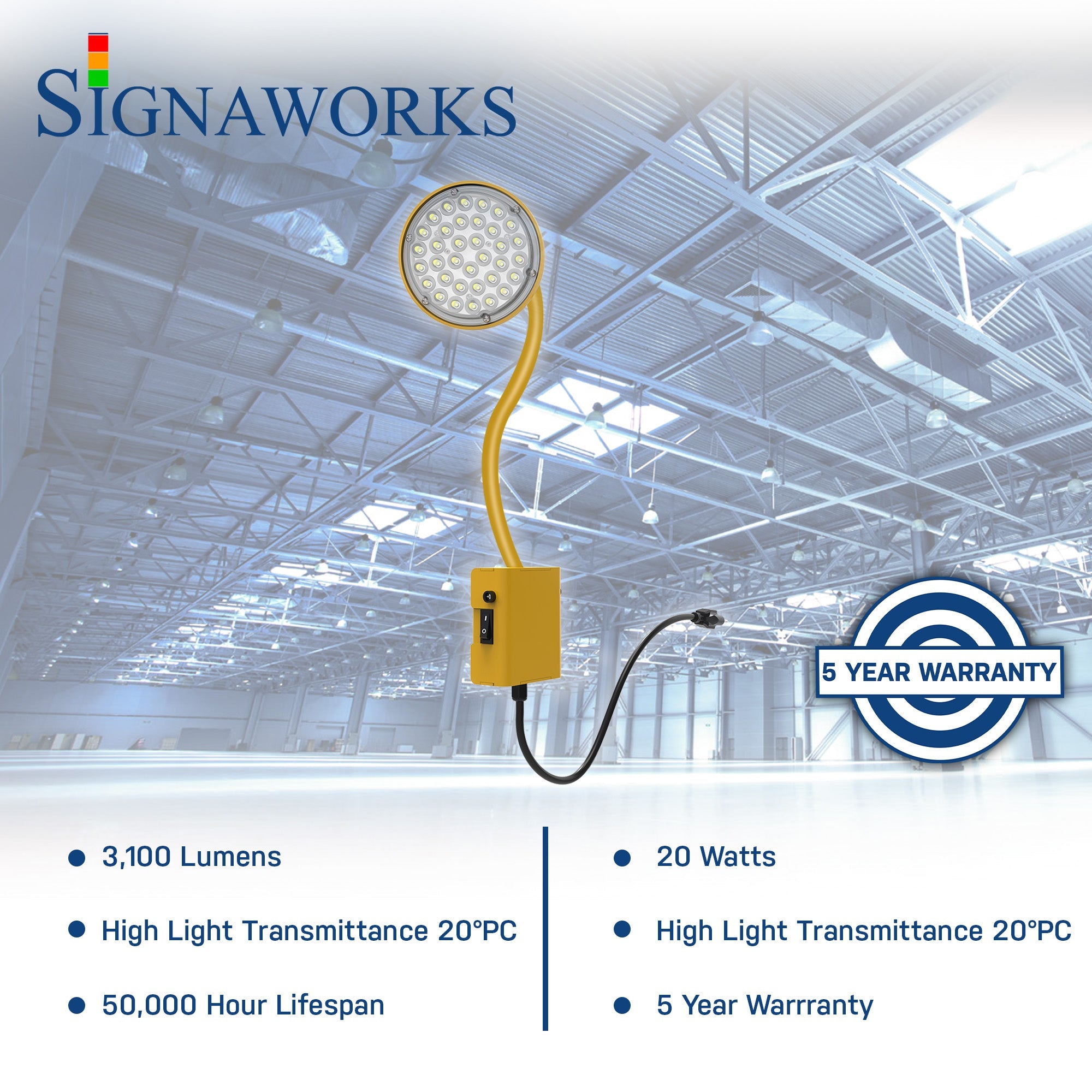 A graphic depicting a yellow gooseneck dock light featuring specs about lifespan, light output and a 5 year warranty
