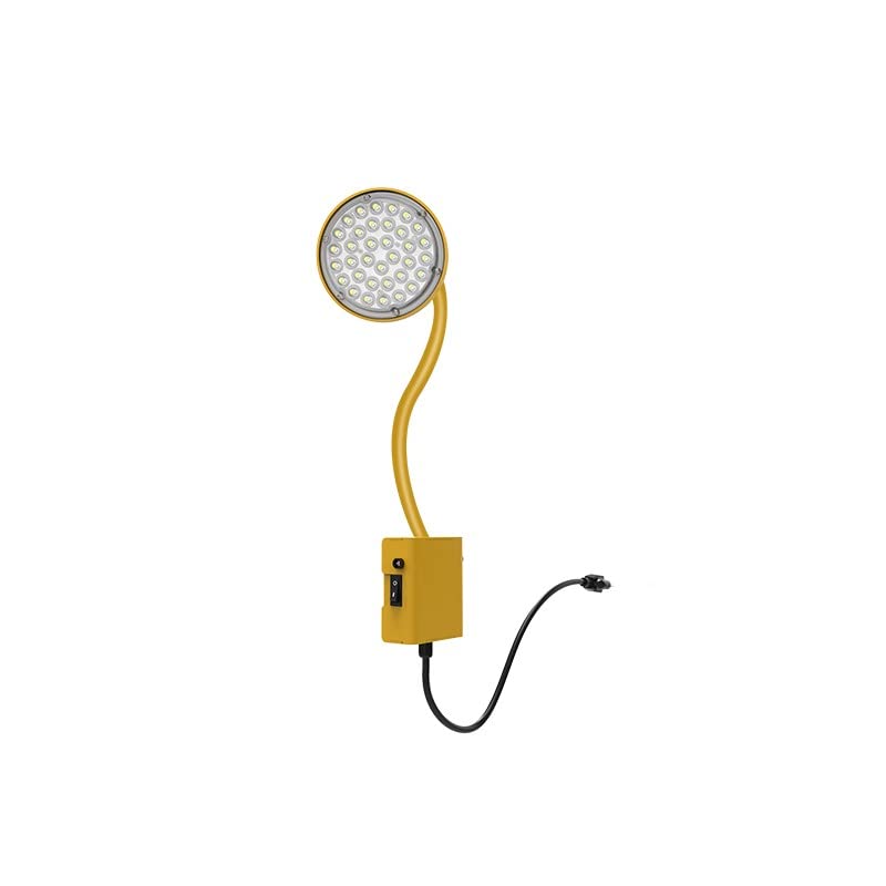 A 27-inch LED gooseneck dock light with a yellow durable aluminum housing and flexible neck, featuring an integrated LED lamp head and built-in rocker switch on the mounting box.