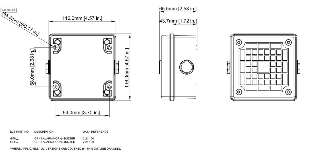 Black on white technical drawing of an alarm with labeled dimensions.