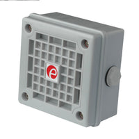 Gray electronic enclosure with a grid pattern and a logo on a white background.