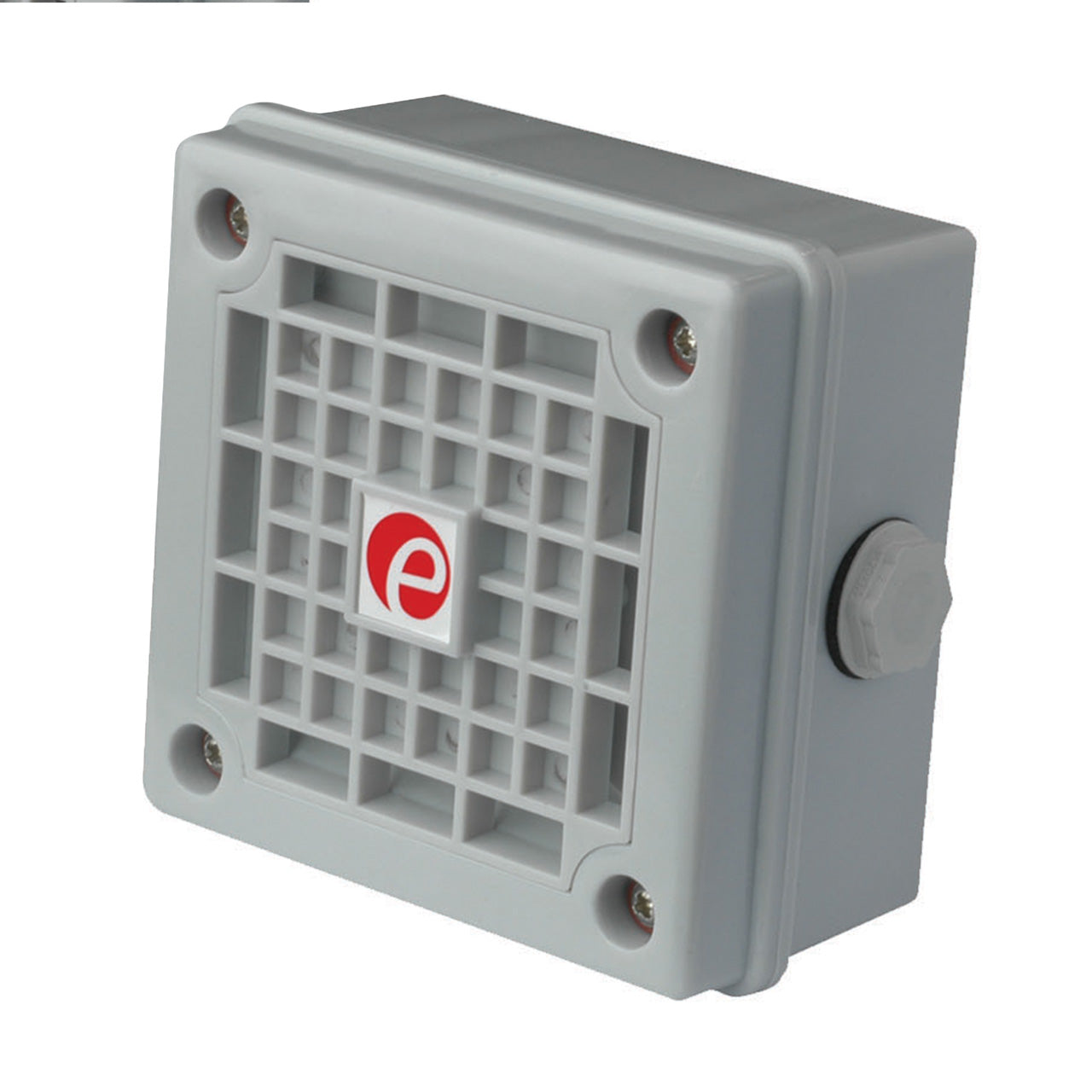 Gray electronic enclosure with a grid pattern and a logo on a white background.