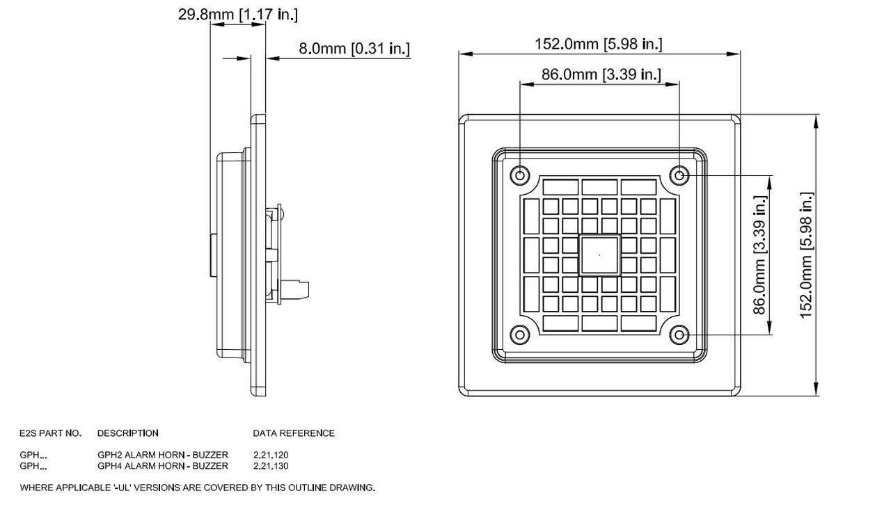 Black on white technical drawing of an alarm with labeled dimensions.