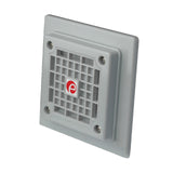 Gray square vent with a red and white logo on a white background.