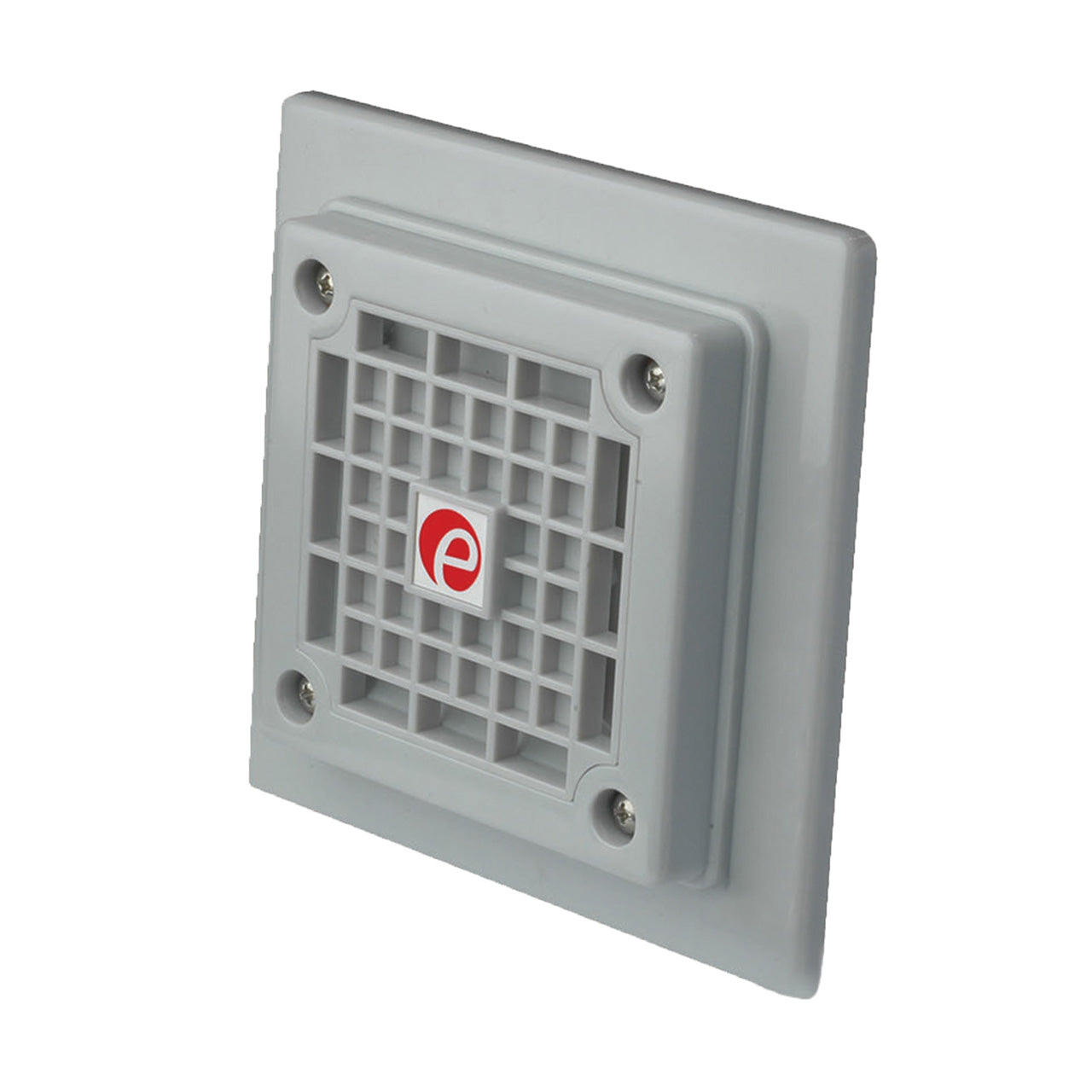 Gray square vent with a red and white logo on a white background.