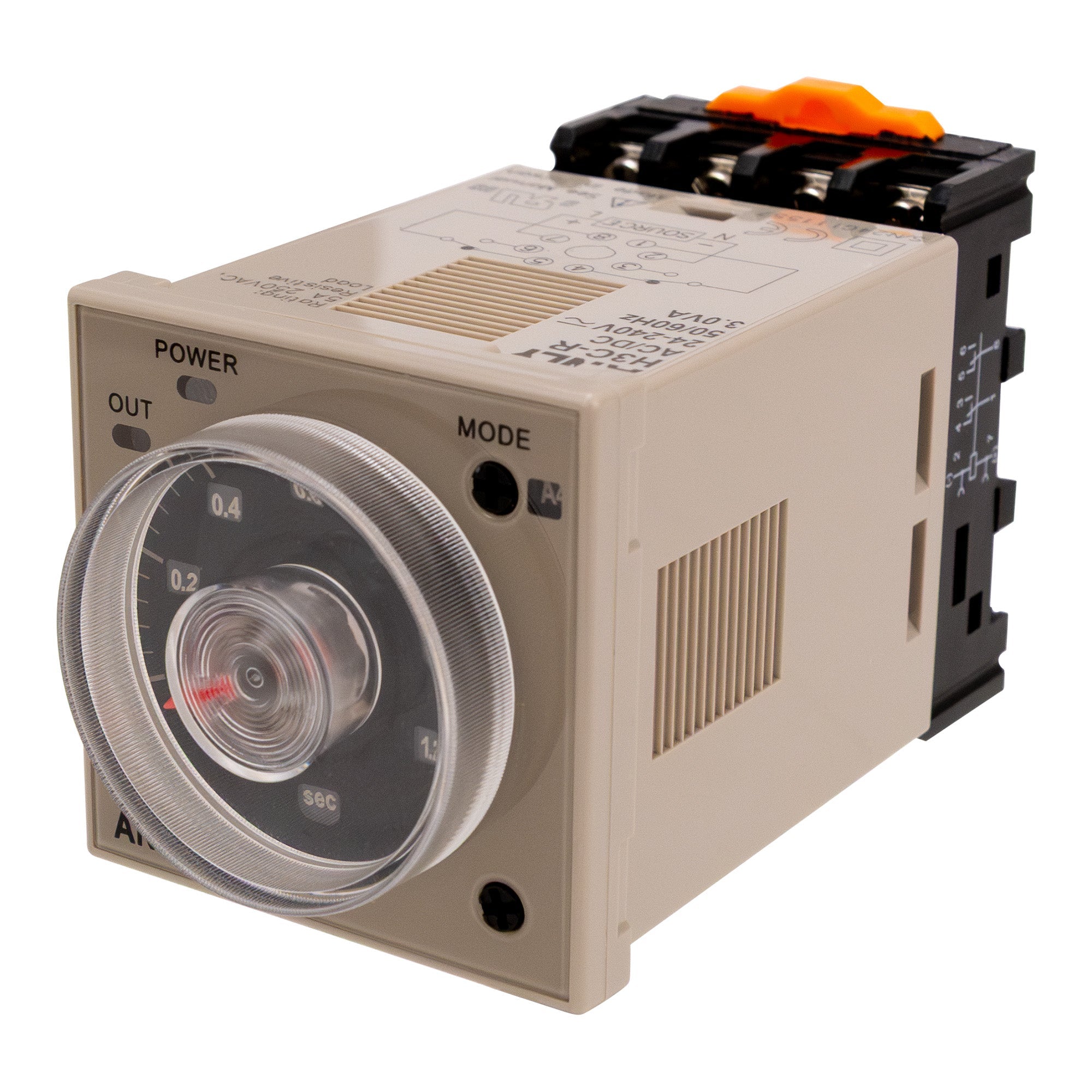 Front angled perspective of a tan industrial timer with black face and red needle. There is a black and orange adapter mounted to the rear of the timer on a white background.