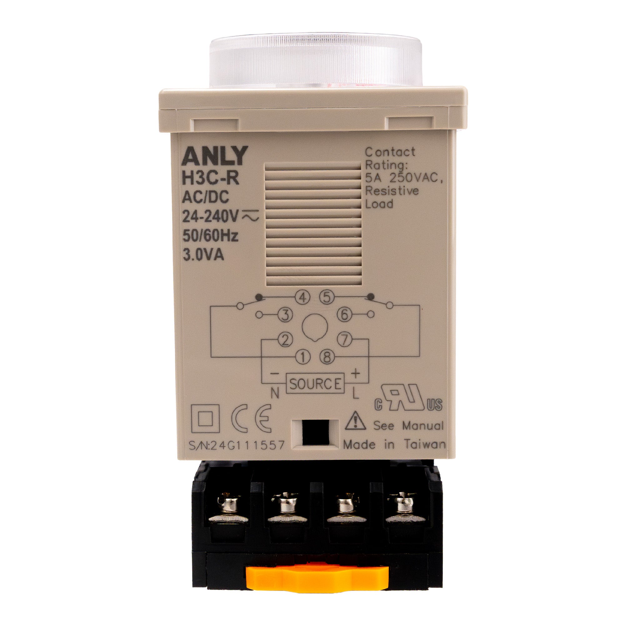 Top perspective of a tan timer with plastic dial at top and black adapter at bottom on a white background.
