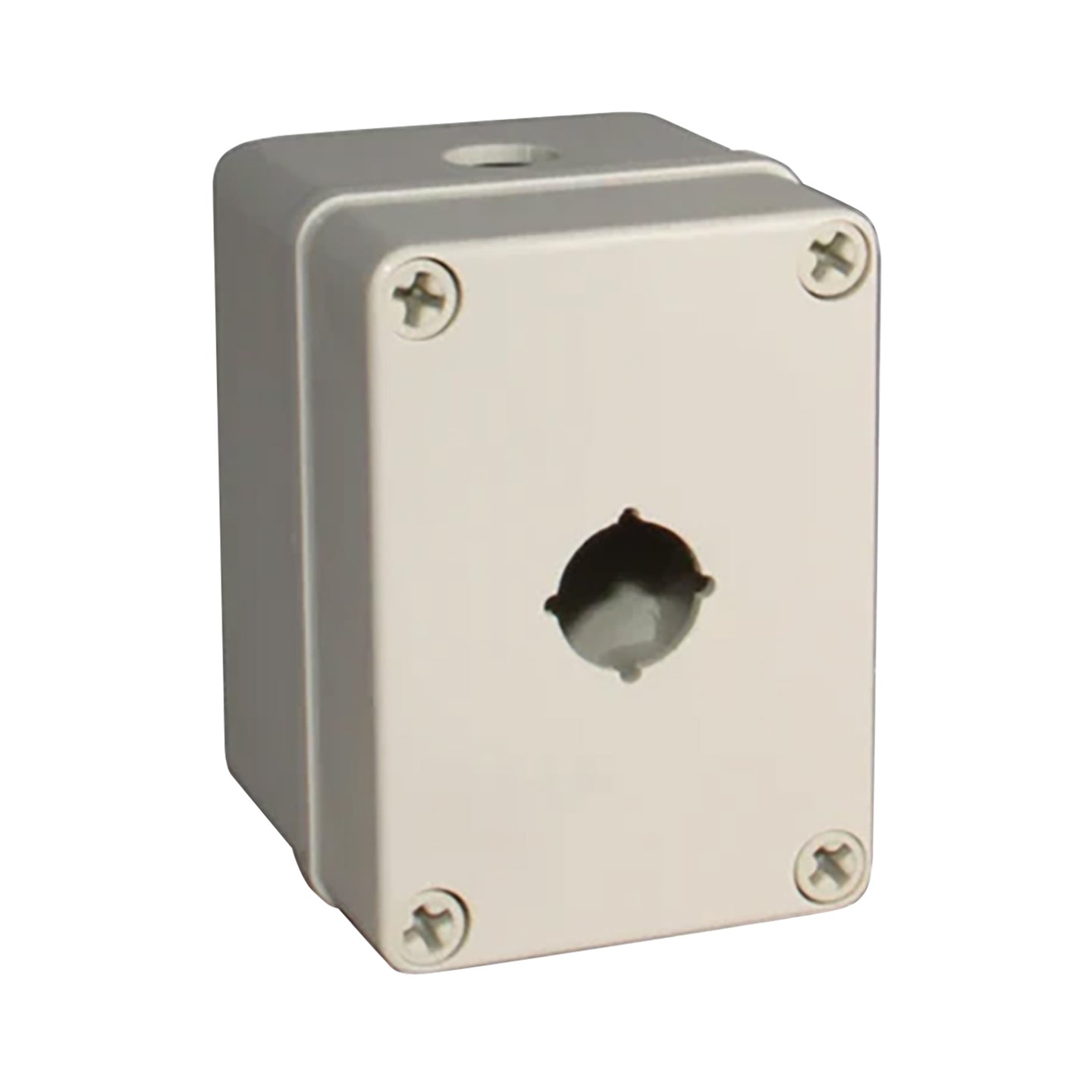 Enlarged light grey push button box with single hole; held together with 4 phillips head screws on a white background.