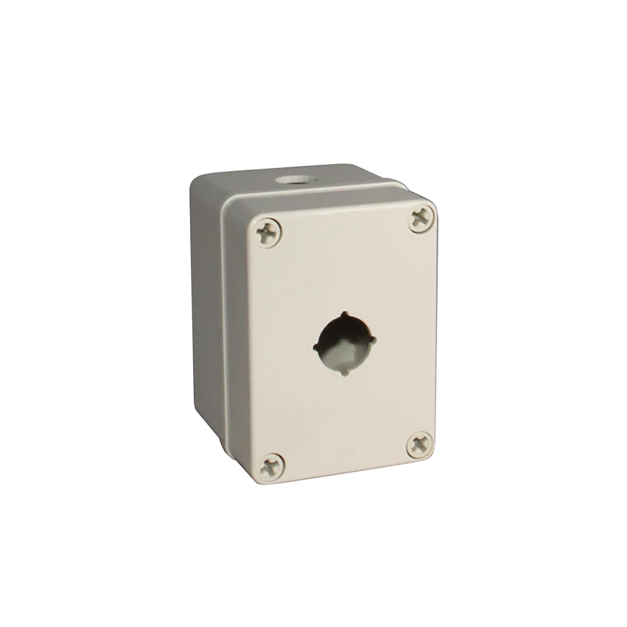 Light grey push button box with single button hole; held together with 4 phillips head screws on a white background.