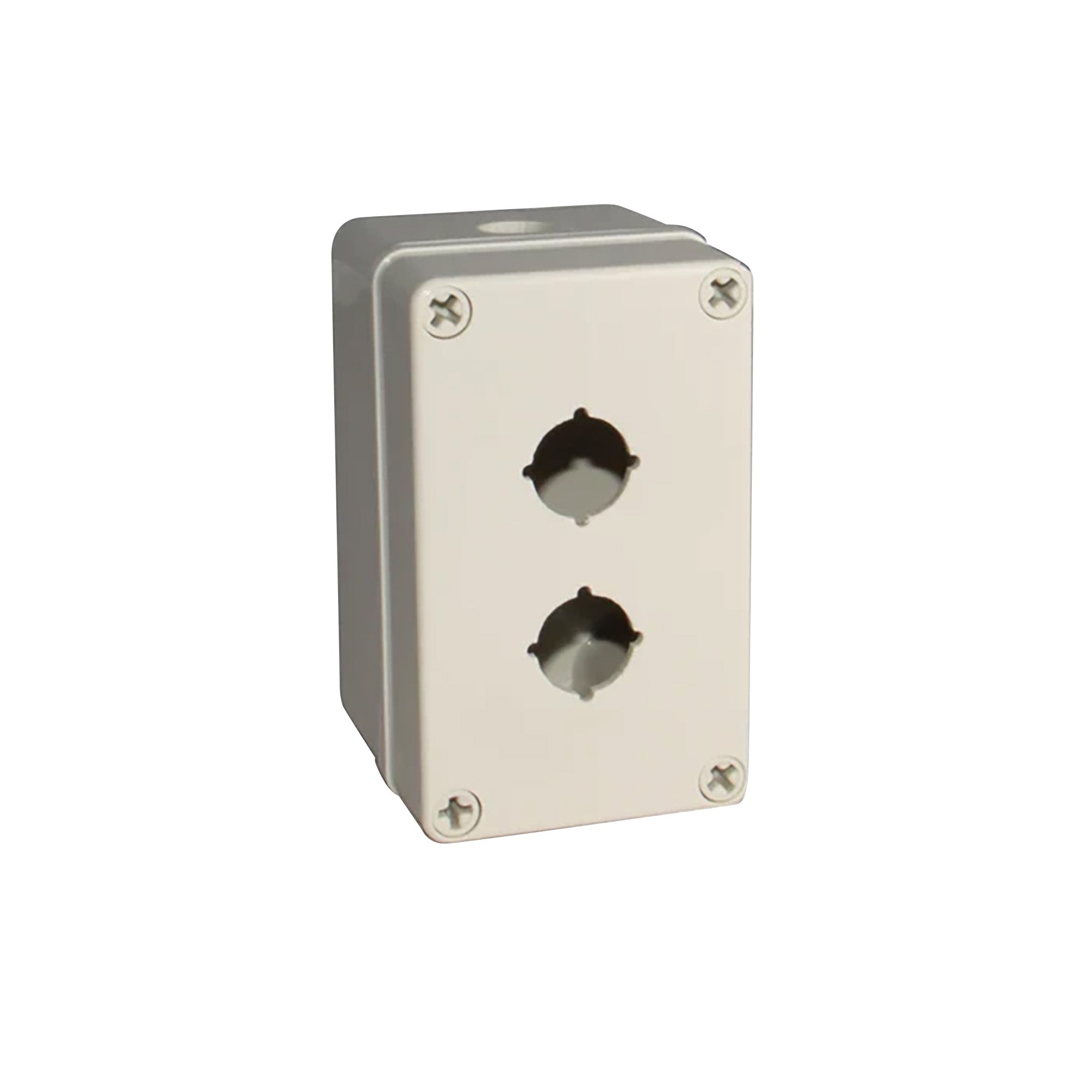 Light grey push button box with two holes; held together with 4 phillips head screws on a white background.