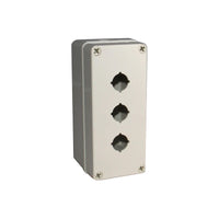 Light grey push button box with three holes; held together with 4 phillips head screws on a white background.