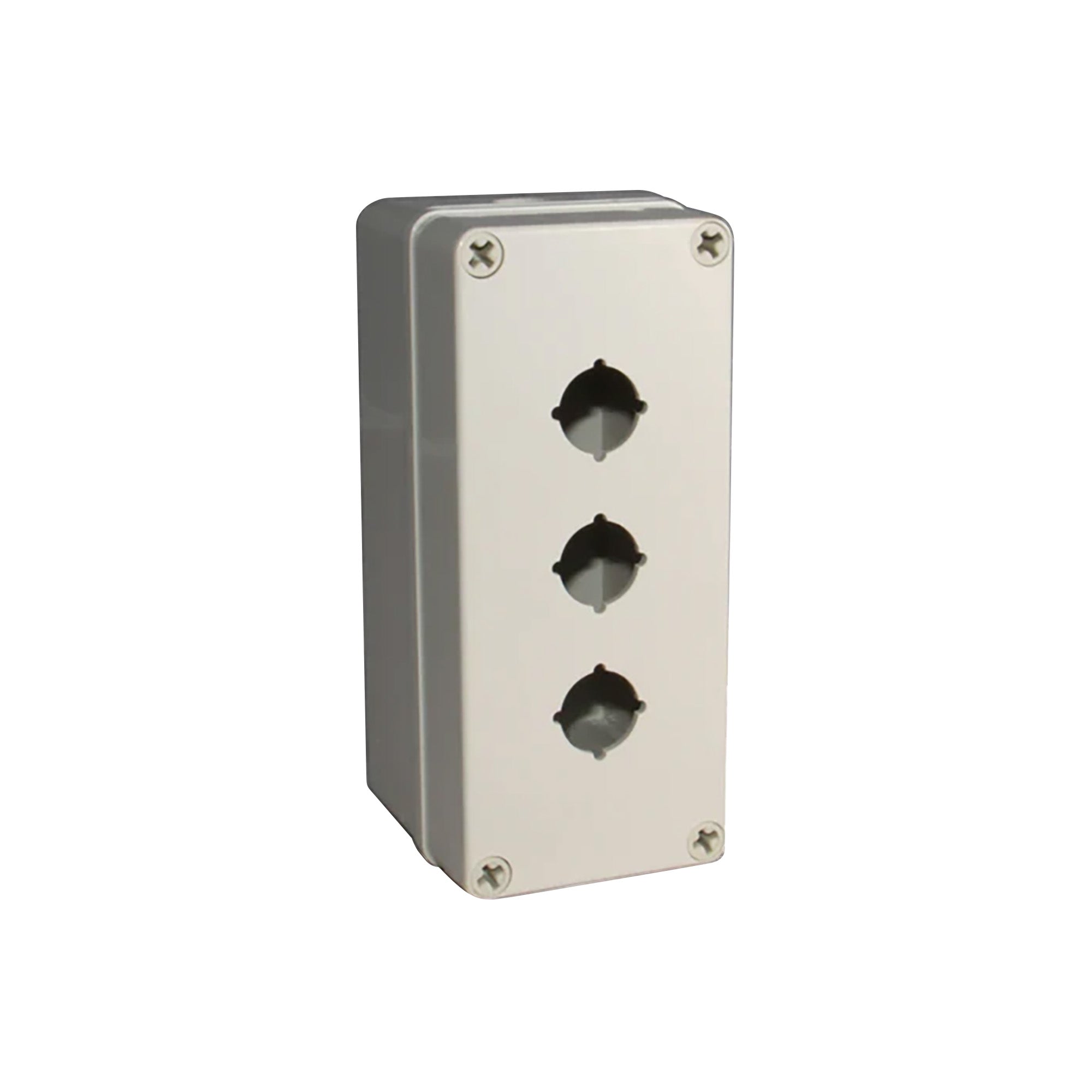 Light grey push button box with three holes; held together with 4 phillips head screws on a white background.