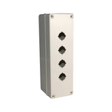 Light grey push button box with four holes; held together with 4 phillips head screws on a white background.