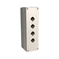 Light grey push button box with four holes; held together with 4 phillips head screws on a white background.