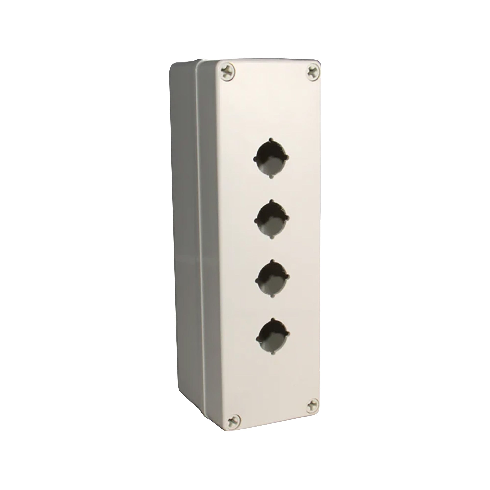 Light grey push button box with four holes; held together with 4 phillips head screws on a white background.