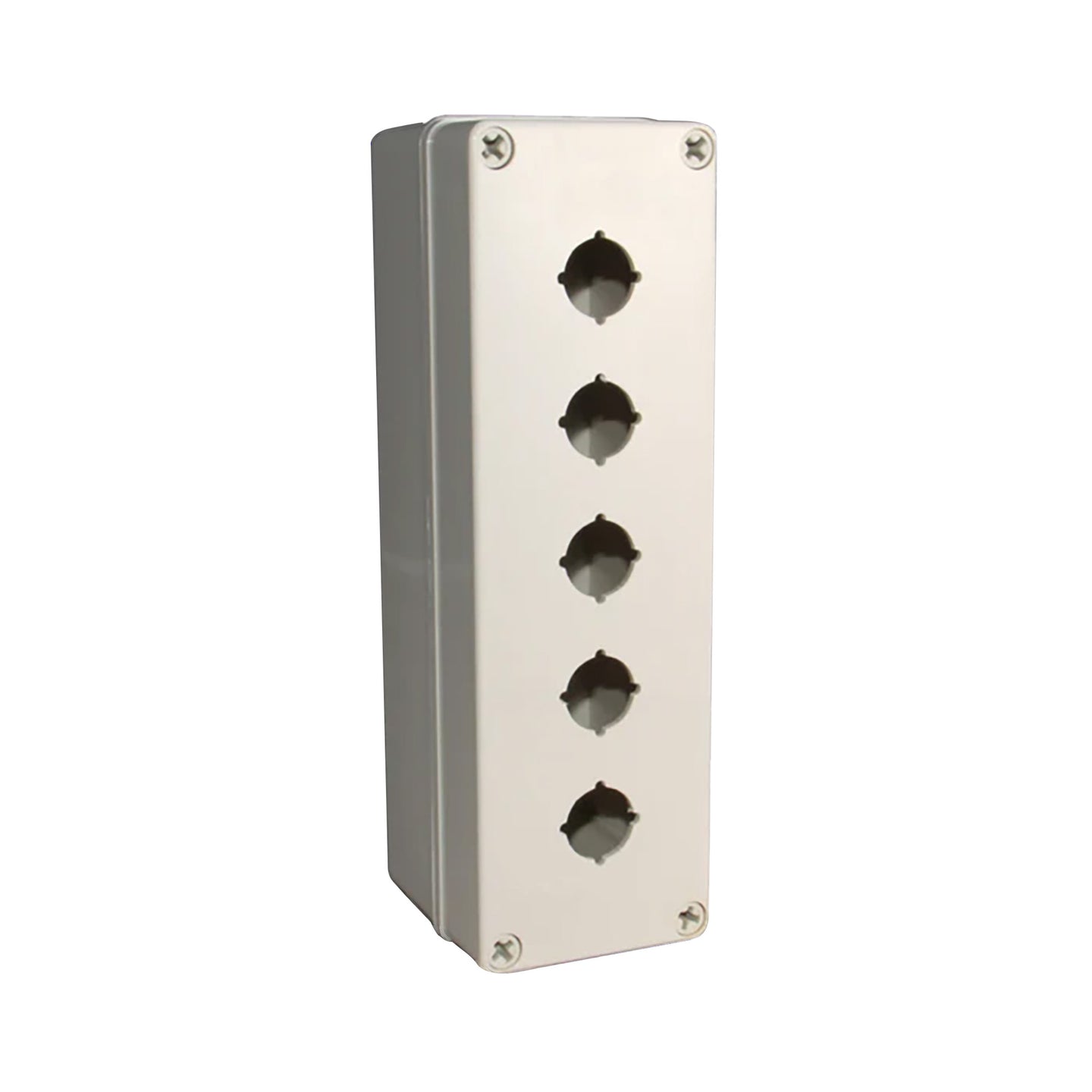 Light grey push button box with five holes; held together with 4 phillips head screws on a white background.