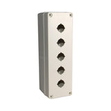 Light grey push button box with five holes; held together with 4 phillips head screws on a white background.