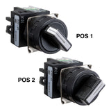 Black and white two-position selector switch operational positions on a white background.