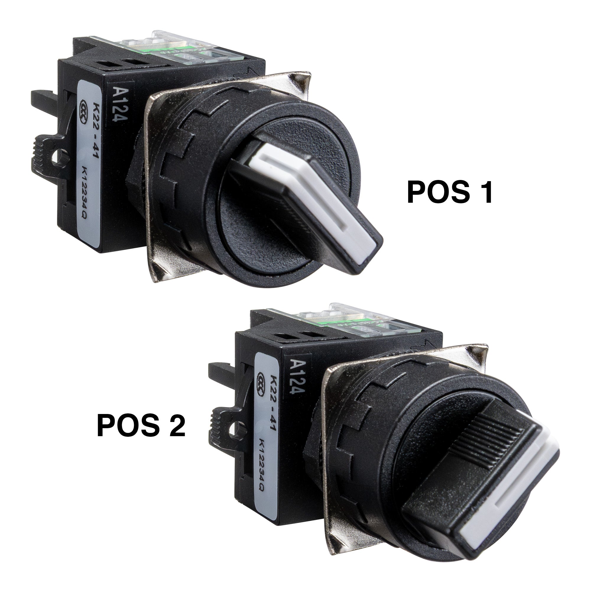 Black and white two-position selector switch operational positions on a white background.